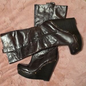 Women's Brown Leather Wedge Knee-High Boots